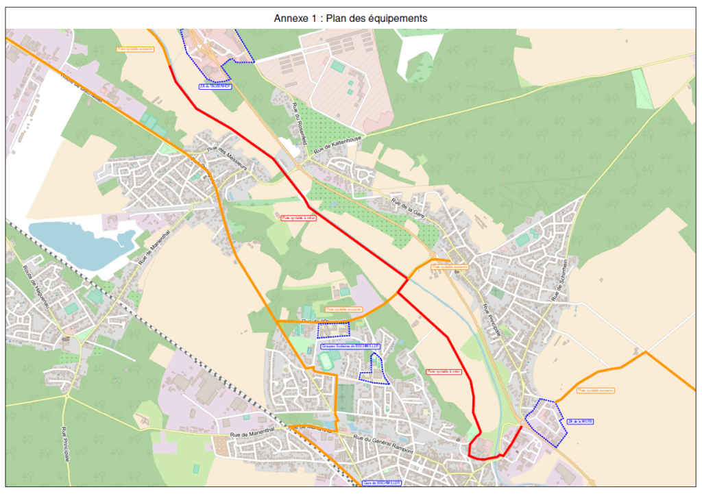 Plan de localisation des principaux générateurs de flux de mobilité desservi par l’itinéraire du projet de piste cyclable « Moder-est – Haguenau - Bischwiller via Kaltenhouse »